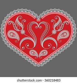Lace red valentine heart in floral style. Suitable for invitation, flyer, sticker, poster, banner, card,label, cover, web. Vector illustration.