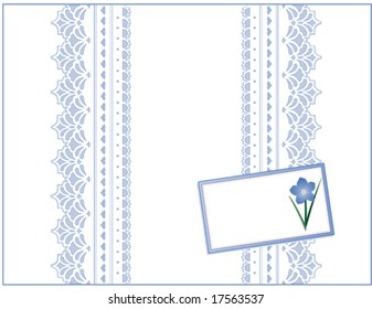 Lace Ribbon, antique vintage Victorian style present, gift card, pastel blue Forget Me Not flower, copy space for Mother's Day, birthdays, anniversaries, showers, weddings. 