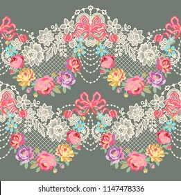 Lace Ribbon Romantic Floral Horizontal Vector Seamless Pattern