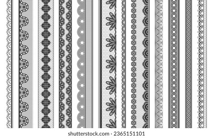 Lace ribbons. Geometric ornamental lace trim, floral romantic tracery elements, vintage romantic textile for greeting card invitation design. Vector set. Handmade embroidered cotton fabric