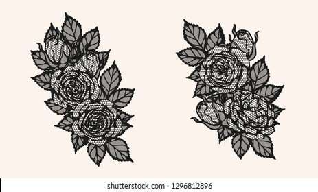 

lace, rose, flower, line, vector, illustration, floral, background, abstract, isolated, set, vintage, leaf, bud, collection, black, centifolia, decoration, plant, element, sketch, botanical, flowers