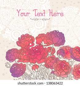 Lace and Roses Greeting Card. Floral background, Spring Summer Theme. Template design can be used for Wedding decoration and Invitation, Birthday, and etc.