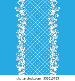 Lace roses on a blue background. Seamless pattern.