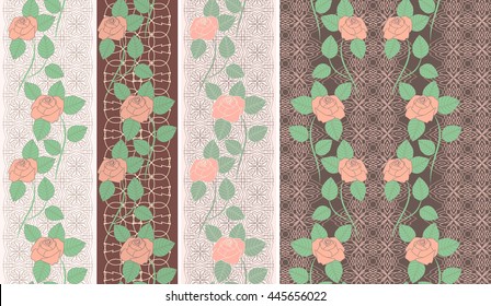 Lace roses vertical seamless pattern. Vector set of 4. Brown pastel background. Use for embroidery, braid, tape, ribbon. 