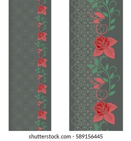 Lace roses vertical seamless pattern. Vector set of 2.  Classic natural green  background. Use for embroidery, braid, tape, ribbon.