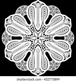 Lace round  doily, paper snowflake, decorative flower, greeting element package, template for cutting,  vector illustrations