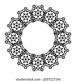 Lace round frame. Circle mandalas with place for text. Black and white. Arabesque for decoration of cards and invitations.