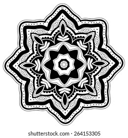 Lace round ornament. Black and white ethnic mandala. Vector art