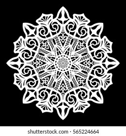 Lace round paper doily, greeting snowflake,  template for cutting  plotter, pattern laser cut , doily to decorate the cake,  vector illustrations. 
