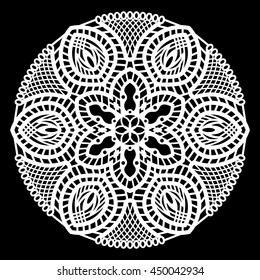Lace round paper doily, lacy snowflake, greeting element package, doily - a template for cutting, lace pattern, decorative flower, elegant label,  vector illustrations
