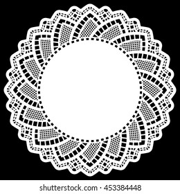 Lace round paper doily, lacy snowflake, greeting element package, doily - a template for cutting, lace pattern, elegant label,   vector illustrations