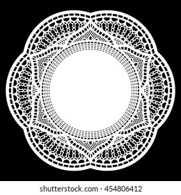 Lace round paper doily, lacy snowflake, greeting element, template for cutting, elegant label,  vector illustrations