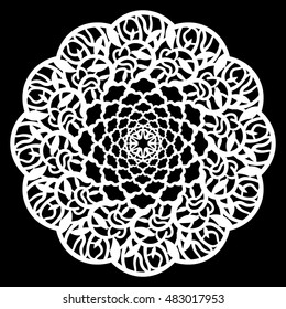 Lace round paper doily, lacy snowflake, greeting element, template for cutting  plotter, round pattern, laser cut  template, doily to decorate the cake,  vector illustrations.