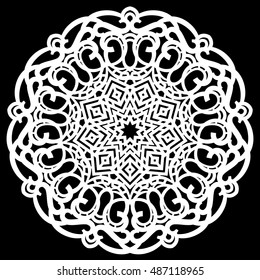 Lace round paper doily, lacy snowflake, greeting element,  template for cutting  plotter, round pattern, laser cut  template, doily to decorate the cake,  vector illustrations.