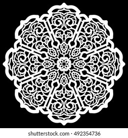 Lace round paper doily, lacy snowflake, greeting element,  template for cutting  plotter, round pattern, laser cut  template, doily to decorate the cake,  vector illustrations.