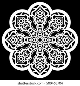 Lace round paper doily, lacy snowflake, greeting element,  template for cutting  plotter, round pattern, laser cut  template, doily to decorate the cake,  vector illustrations.