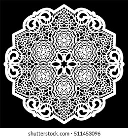 Lace round paper doily, lacy snowflake, greeting element,  template for cutting  plotter, round pattern, laser cut  template, doily to decorate the cake,  vector illustrations.