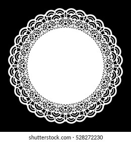 Lace round paper doily, lacy snowflake, greeting element,  template for cutting  plotter, round pattern, laser cut  template, doily to decorate the cake,  vector illustrations.