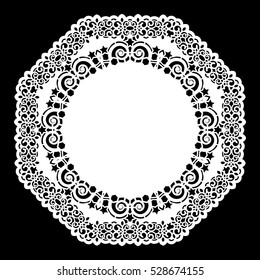 Lace round paper doily, lacy snowflake, greeting element,  template for cutting  plotter, round pattern, laser cut  template, doily to decorate the cake,  vector illustrations.