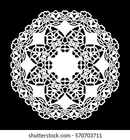 Lace round paper doily, lacy snowflake, greeting element,  template for cutting  plotter, round pattern, laser cut  template, doily to decorate the cake,  vector illustrations.