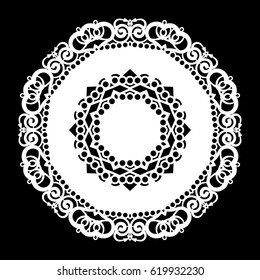 Lace round paper doily, lacy snowflake, greeting element, laser cut  template, doily to decorate the cake,  vector illustrations.