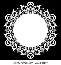 Lace round paper doily, lacy snowflake, greeting element, laser cut  template, doily to decorate the cake,  vector illustrations.