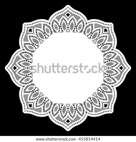 Lace round paper doily, lacy snowflake, greeting element, template for cutting, elegant label,  vector illustrations