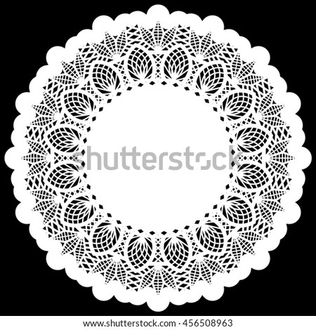Lace round paper doily, lacy snowflake, greeting element, template for cutting, elegant label,  vector illustrations