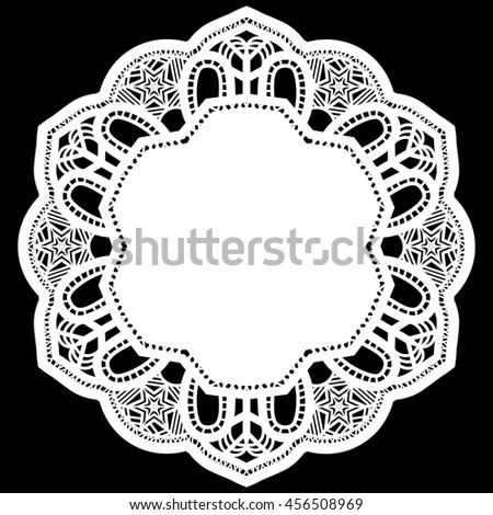 Lace round paper doily, lacy snowflake, greeting element, template for cutting, elegant label,  vector illustrations