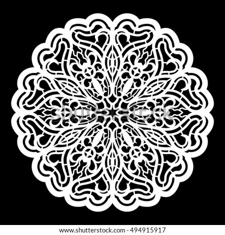 Lace round paper doily, lacy snowflake, greeting element,  template for cutting  plotter, round pattern, laser cut  template, doily to decorate the cake,  vector illustrations.
