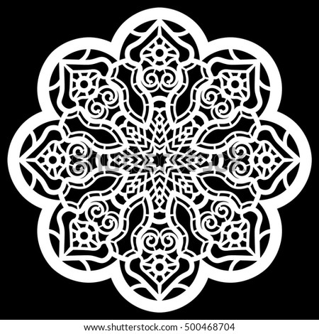 Lace round paper doily, lacy snowflake, greeting element,  template for cutting  plotter, round pattern, laser cut  template, doily to decorate the cake,  vector illustrations.
