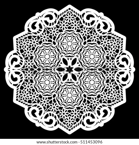 Lace round paper doily, lacy snowflake, greeting element,  template for cutting  plotter, round pattern, laser cut  template, doily to decorate the cake,  vector illustrations.