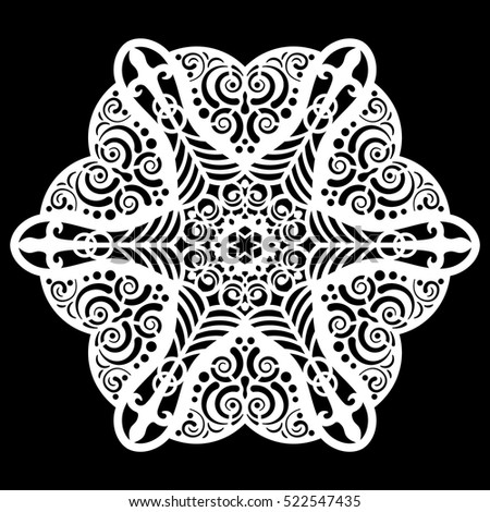 Lace round paper doily, lacy snowflake, greeting element,  template for cutting  plotter, round pattern, laser cut  template, doily to decorate the cake,  vector illustrations.