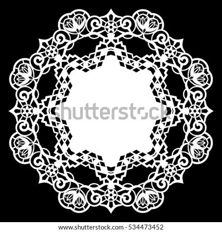 Lace round paper doily, lacy snowflake, greeting element,  template for cutting  plotter, round pattern, laser cut  template, doily to decorate the cake,  vector illustrations.