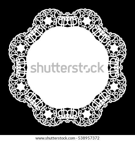 Lace round paper doily, lacy snowflake, greeting element,  template for cutting  plotter, round pattern, laser cut  template, doily to decorate the cake, vector illustrations.