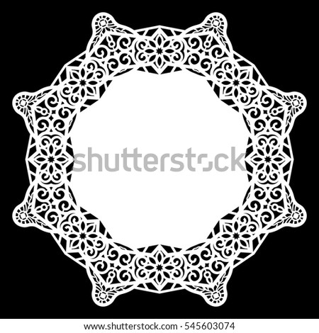 Lace round paper doily, lacy snowflake, greeting element,  template for cutting  plotter, round pattern, laser cut  template, doily to decorate the cake,  vector illustrations.