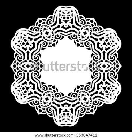 Lace round paper doily, lacy snowflake, greeting element,  template for cutting  plotter, round pattern, laser cut  template, doily to decorate the cake,  vector illustrations.