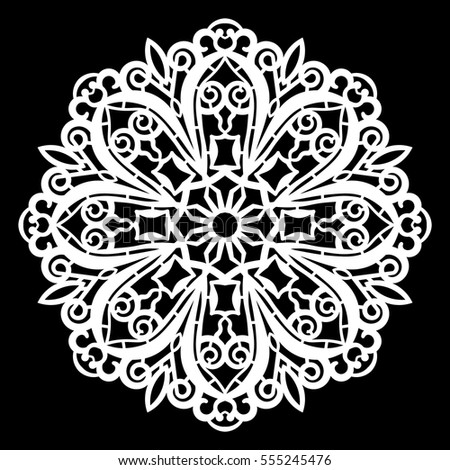 Lace round paper doily, lacy snowflake, greeting element,  template for cutting  plotter, round pattern, laser cut  template, doily to decorate the cake,  vector illustrations.