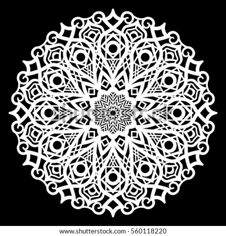 Lace round paper doily, lacy snowflake, greeting element,  template for cutting  plotter, round pattern, laser cut  template, doily to decorate the cake,  vector illustrations.