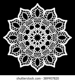 lace round paper doily, lace snowflake, greeting element package, template for cutting, vector illustrations