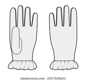 Lace Ruffled Gloves Wrist length Fashion hand accessory clothing technical illustration garment. Vector front back view for Men, women, unisex style flat template CAD mockup sketch on white background