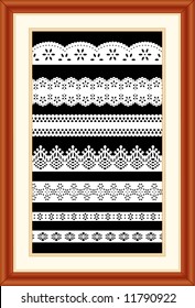 Lace Sampler. Old fashioned antique vintage designs isolated on black background, matted cherry wood picture frame for decorating, scrapbooks, arts, crafts, home decor. 