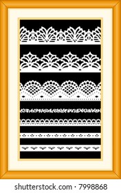 Lace Sampler. Old fashioned antique vintage designs isolated on black background, matted oak wood picture frame for interior decorating, scrapbooks, arts, crafts, home decor. 