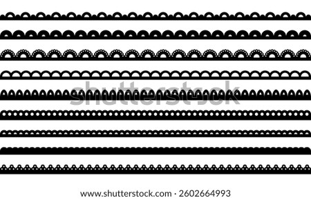 Lace scallop fabric edge. Frame border with pattern. Ribbon with ornament. Vector collection of stripes isolated on white background.
