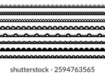 Lace scallop on fabric edge. Pattern border for frame. Ornamental line for wedding invitation design. Collection of black vector elements isolated on white background.