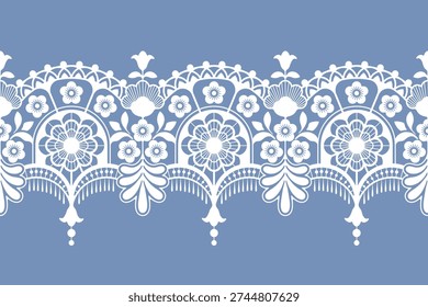 Lace seamless border. Seamless floral background with lace flowers. Lace ribbon with floral motifs. Cute design for background, carpet, wallpaper, clothing, wrapping, Batik, fabric. Vector illustration