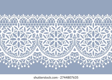 Lace seamless border. Seamless floral background with lace flowers. Lace ribbon with floral motifs. Cute design for background, carpet, wallpaper, clothing, wrapping, Batik, fabric. Vector illustration