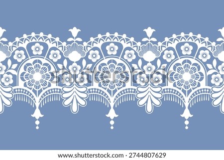 Lace seamless border. Seamless floral background with lace flowers. Lace ribbon with floral motifs. Cute design for background, carpet, wallpaper, clothing, wrapping, Batik, fabric. Vector illustration
