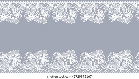 Marco de borde sin costuras de encaje. Filigrana blanca floral y guipur ribete de la boda, invitación nupcial elegante. Adornos de ganchillo para álbum de recortes, cordón cortado con láser. Fondo romántico decorativo de Vector.