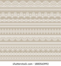 Lace seamless border. White cotton lace strips, embroidered decorative ornate eyelets pattern, horizontal textile stripe handmade vector set. Romantic style tracery for doily or scrapbook
